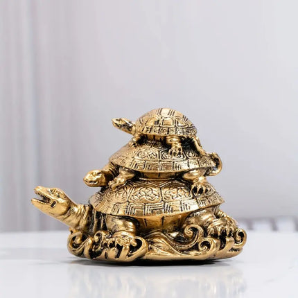 1pc Golden Resin Three-Generation Turtle Feng Shui Decoration for Longevity and Protection - Perfect Room Decor - The Fusion Mart UK