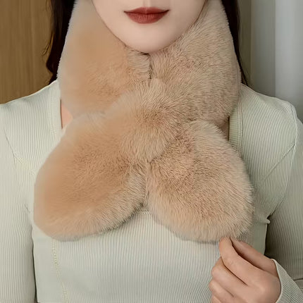 Women's Elegant Faux Rabbit Fur Neck Warmer Scarf - Thick Windproof Winter Collar with Soft Plush Lining, Beige/White, Versatile for Casual & Formal Outfits, Hand Washable, Luxury Cold Weather Accessory - The Fusion Mart UK