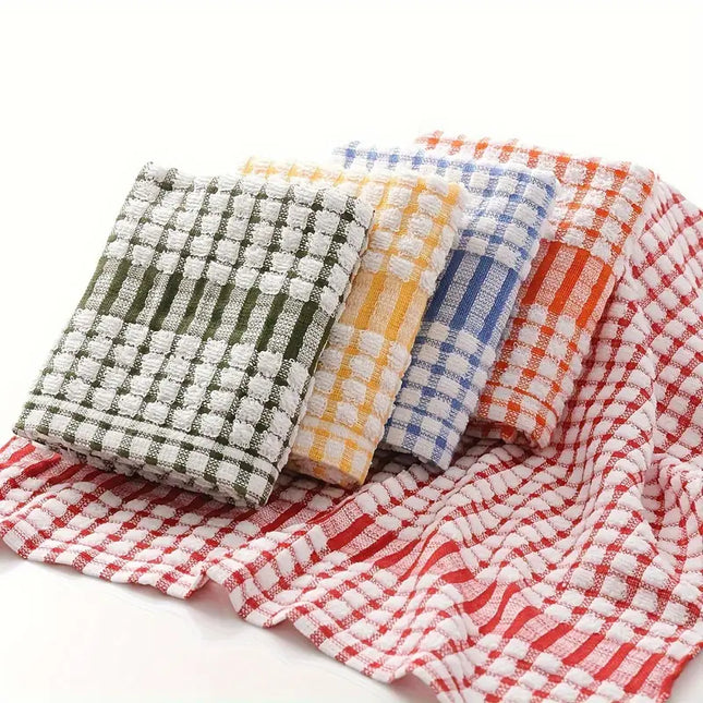 4pcs Large Checkered Kitchen Cleaning Cloths - Absorbent Reusable Dish Towels, Durable Polyester Multi-Purpose Cloths for Sink, Table, Outdoor & Bathroom Use, Assorted Colors (Red, Blue, Yellow, Orange), Dish Towels for Kitchen, Texture