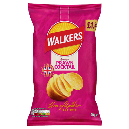Walkers Prawn Cocktail snack pack by The Fusion Mart UK, showing a close-up of the 70g prawn cocktail flavored snack bag.
