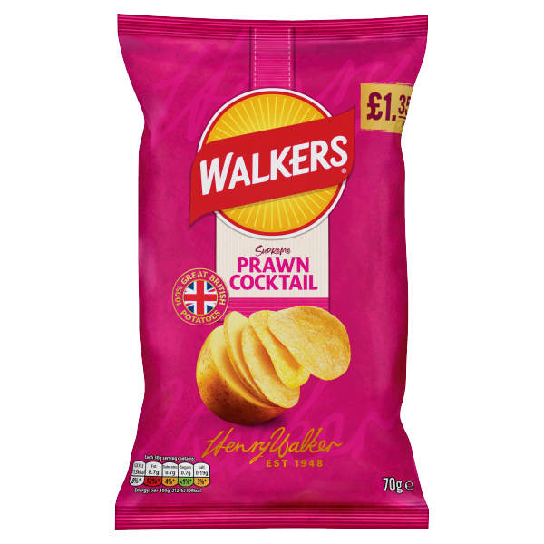 Walkers Prawn Cocktail snack pack by The Fusion Mart UK, showing a close-up of the 70g prawn cocktail flavored snack bag.