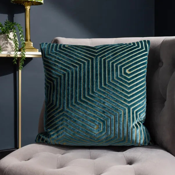 MATTE VELVET GEOMETRIC PRINT CUSHION TEAL - The Fusion Mart UK