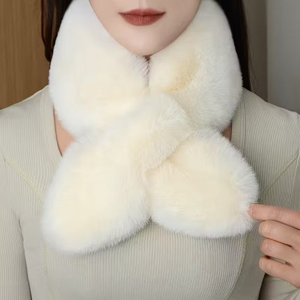 Women's Elegant Faux Rabbit Fur Neck Warmer Scarf - Thick Windproof Winter Collar with Soft Plush Lining, Beige/White, Versatile for Casual & Formal Outfits, Hand Washable, Luxury Cold Weather Accessory - The Fusion Mart UK