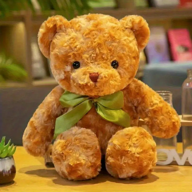 1pc Cozy Bear Plush Toy - Soft Polyester, Light Brown with Green Ribbon, Perfect for Decor & Gifts, Ideal for Home or Office Decor, Gift Item|Playful Design|Durable Toy