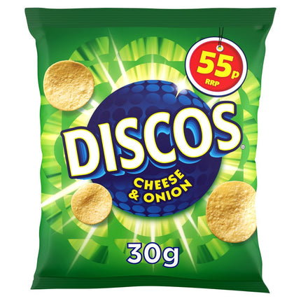 Fusion Mart UK Disco Cheese & Onion snack in colorful packaging with cheese and onion flavor imagery.