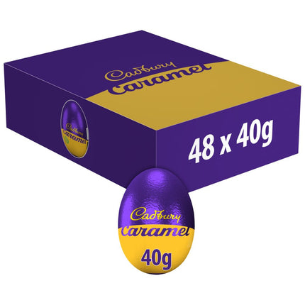 Cadbury Caramel Chocolate Egg 40g, single piece, with smooth caramel filling, shown in a 48-pack, produced by The Fusion Mart UK.