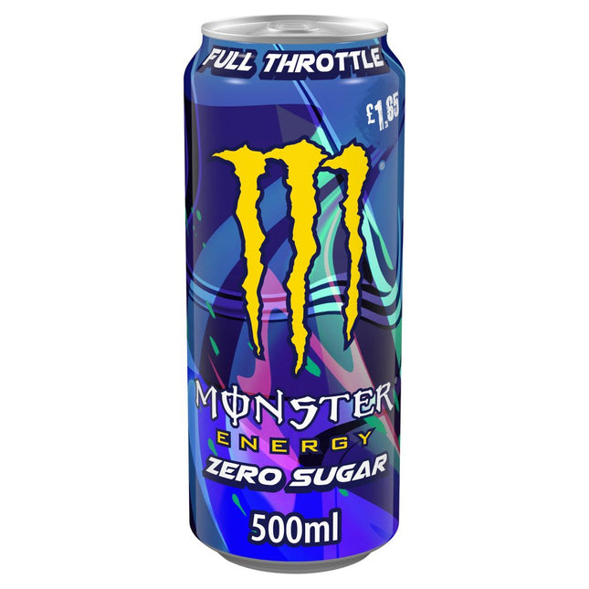 Can of Monster Energy Full Throttle Zero Sugar drink with bold black and green design, featuring the Monster logo and zero sugar label.