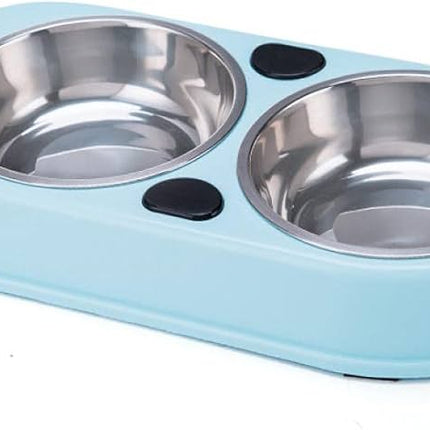 Stainless Steel Dual Pet Bowl for Dogs and CAT BLUE - The Fusion Mart UK
