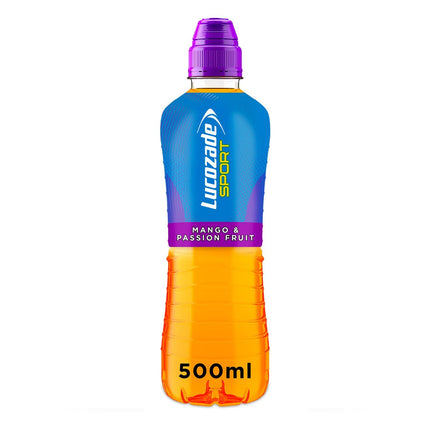 Lucozade Sport Mango & Passion Fruit flavored drink in a 500ml bottle, with vibrant label and clear plastic bottle.