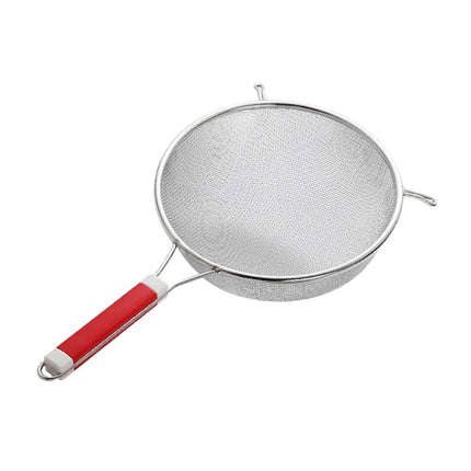 Heavy-Duty Stainless Steel Mesh Strainer with Ergonomic Red Grip - The Fusion Mart UK