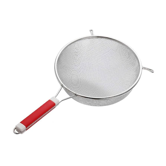 Heavy-Duty Stainless Steel Mesh Strainer with Ergonomic Red Grip - The Fusion Mart UK