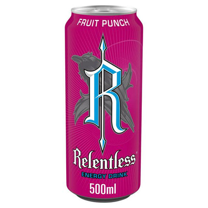 A 640x640 image of a bottle of Relentless Fruit Punch energy drink from The Fusion Mart UK, with vibrant fruit imagery on the label.