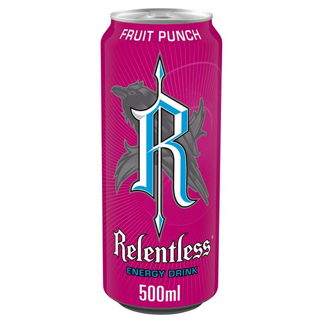 A 640x640 image of a bottle of Relentless Fruit Punch energy drink from The Fusion Mart UK, with vibrant fruit imagery on the label.