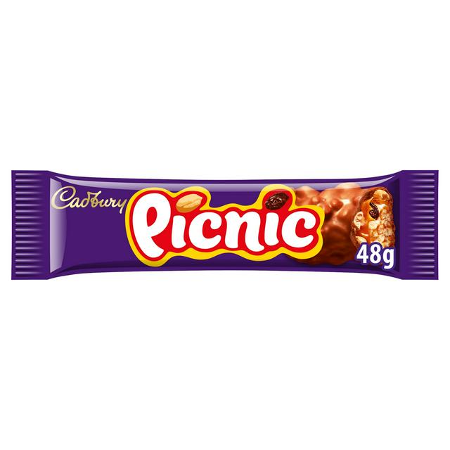Cadbury Picnic chocolate bar with caramel, peanuts, and nougat, wrapped in colorful packaging.