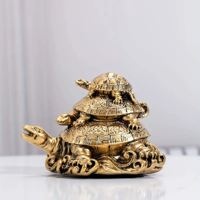 1pc Golden Resin Three-Generation Turtle Feng Shui Decoration for Longevity and Protection - Perfect Room Decor