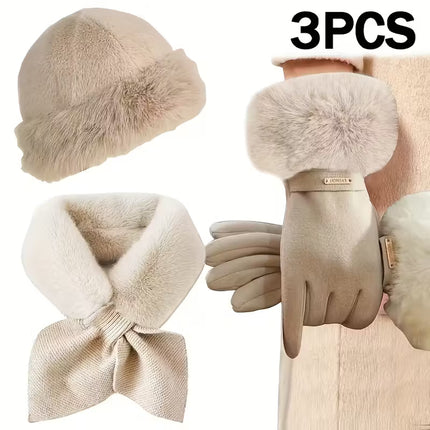 3 winter warm accessories includes a fashionable touchscreen fingerless glove, a thickened cross scarf, and a plush hat, perfect for cold weather and outdoor activities, making it an ideal gift for Christmas or Valentine's Day, Winter Hat - The Fusion Mart UK