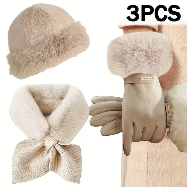3 winter warm accessories includes a fashionable touchscreen fingerless glove, a thickened cross scarf, and a plush hat, perfect for cold weather and outdoor activities, making it an ideal gift for Christmas or Valentine's Day, Winter Hat - The Fusion Mart UK