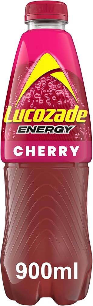 Bottle of LUCOZADE Cherry flavored sports drink, 900ml size, from The Fusion Mart UK, with red cherry label and clear plastic bottle.