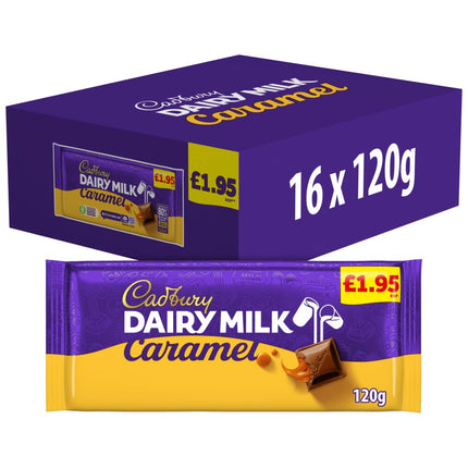 Cadbury Dairy Milk Caramel Chocolate Bar pack with 16 bars, each 120g, displayed in a retail product image.