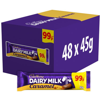 Cadbury Dairy Milk Caramel chocolate bar pack with 48 pieces, each 45g, featuring smooth caramel-filled milk chocolate by The Fusion Mart UK.