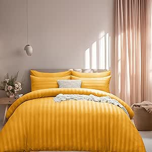 ELAFY Reversible Stripes Satin Duvet Cover Set - Soft Breathable Microfiber Bedding with Pillowcases - Single, Double, King, Super King Sizes 200cm*200cm / GOLD - The Fusion Mart UK