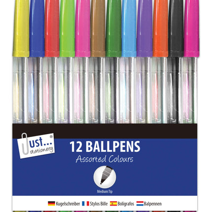 Just Stationery Assorted Colour Ballpoint Pens 12 Pack - The Fusion Mart UK