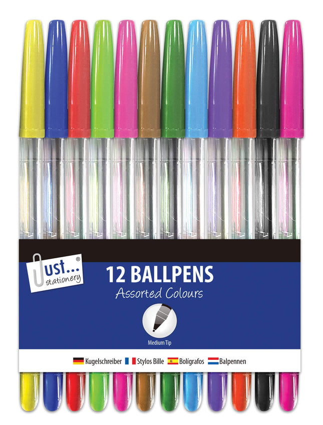 Just Stationery Assorted Colour Ballpoint Pens 12 Pack