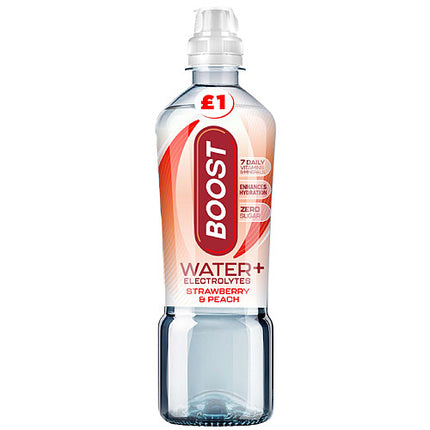 Strawberry Boost Water by The Fusion Mart UK in a clear bottle with vibrant strawberry flavor and branding.