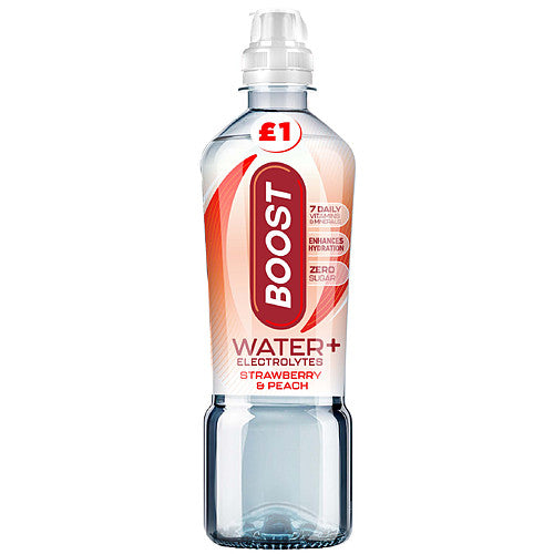 Strawberry Boost Water by The Fusion Mart UK in a clear bottle with vibrant strawberry flavor and branding.