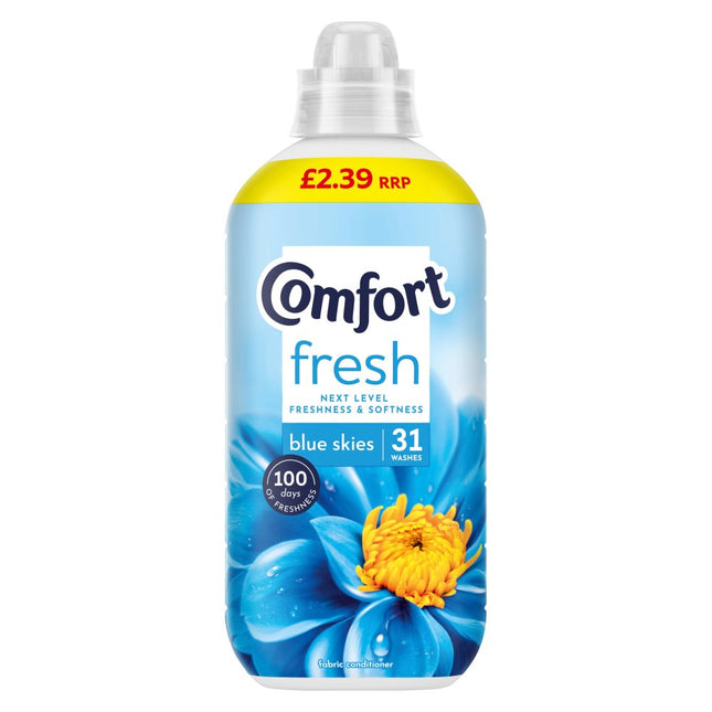 Comfort Fresh Fabric Conditioner Blue Skies bottle from The Fusion Mart UK, 930 ml, showing the blue and white packaging.