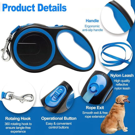 Retractable Dog Leash, Durable Nylon With One-Button Control, Great For Outdoor Walks & Travel With Small And Medium Pets - The Fusion Mart UK