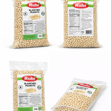Blanched peanuts from The Fusion Mart UK in 500g, 1kg, 2kg, and 5kg packs, shown in a close-up image.