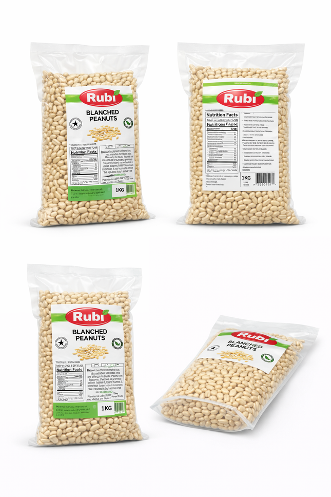 Blanched peanuts from The Fusion Mart UK in 500g, 1kg, 2kg, and 5kg packs, shown in a close-up image.