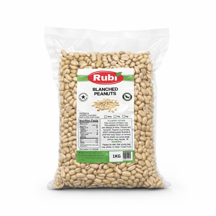Blanched peanuts from The Fusion Mart UK in 2kg pack, showing smooth, light-colored shelled peanuts suitable for snacks and cooking.