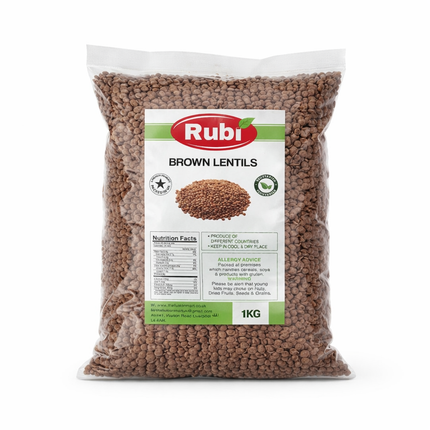 Brown lentils from The Fusion Mart UK in 500g, 1kg, 2kg, and 5kg packs, shown in a natural setting with dry lentils.
