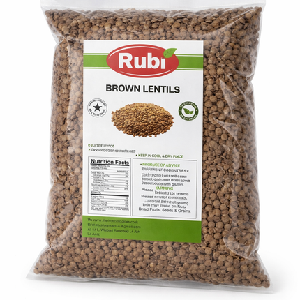 Brown lentils from The Fusion Mart UK, 2kg pack, showing a close-up of the dried lentils in a clear bowl.