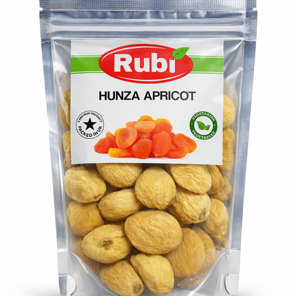 Dried Hunza apricots Jardaloo from The Fusion Mart UK, showcasing golden, plump apricots in various package sizes.