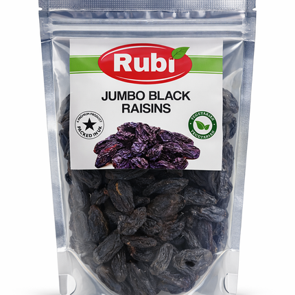Jumbo black raisins from The Fusion Mart UK in 100g, 200g, 450g, or 750g packs, showing plump, dark dried fruit.