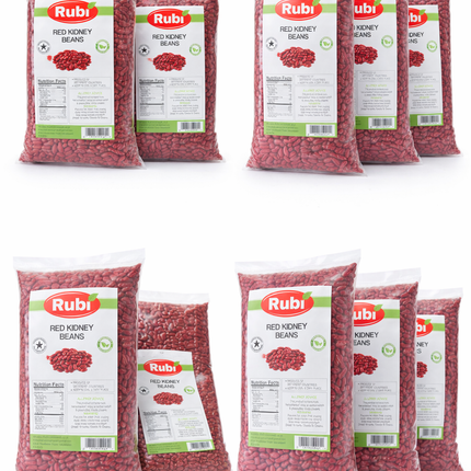 Red kidney beans from The Fusion Mart UK in 500g, 1kg, 2kg, and 5kg packs, showcasing vibrant red beans on a white background.