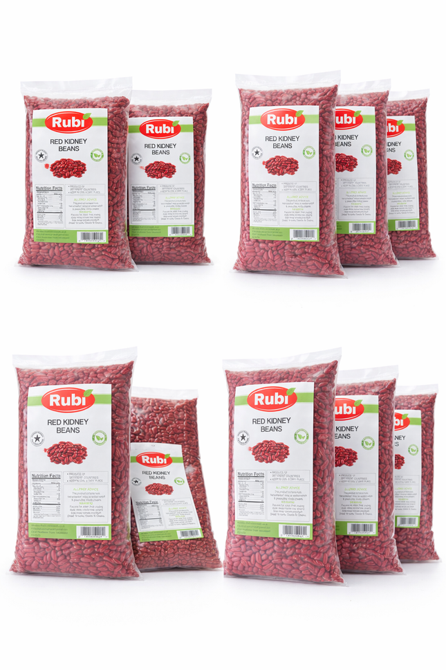 Red kidney beans from The Fusion Mart UK in 500g, 1kg, 2kg, and 5kg packs, showcasing vibrant red beans on a white background.