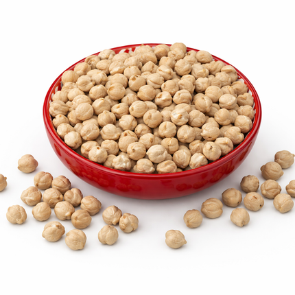 Fresh chickpeas from The Fusion Mart UK in 500g, 1kg, 2kg, and 5kg packages, showing plump, beige chickpeas in a clear container.