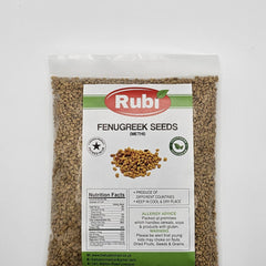 Rubi Fenugreek Seeds in 100g, 200g, or 500g packs, shown in a clear image, highlighting fresh, aromatic fenugreek seeds.