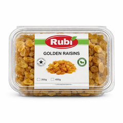 Golden raisins from The Fusion Mart UK in 100g, 200g, 450g, and 750g packages, shown in a clear image with golden-colored dried grapes.