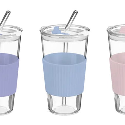 Glass Cup With Ribbed Sleeve And Straw 450ml - The Fusion Mart UK