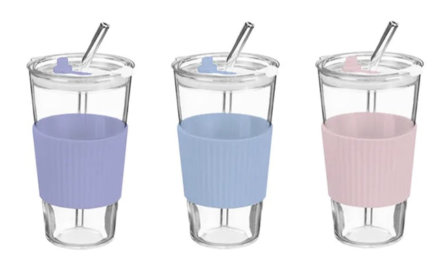 Glass Cup With Ribbed Sleeve And Straw 450ml - The Fusion Mart UK