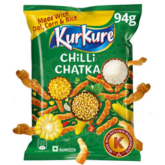 Spicy Kurkure Chilli Chatka snack in 68g packet by Home Foods Asia Ltd, showing crispy, seasoned snack pieces.