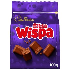 Parfetts Cadbury Bitsa Wispa chocolate bag 100g featuring bite-sized Wispa chocolates in a colorful bag.