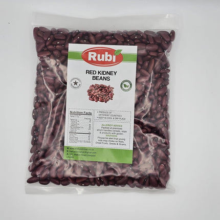 Packaged red kidney beans with a label on a white background