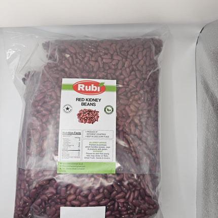 Bag of Rubi red kidney beans with a label on a white background