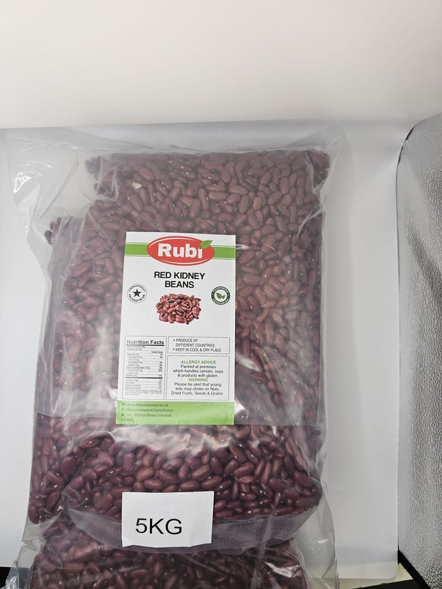Bag of Rubi red kidney beans with a label on a white background